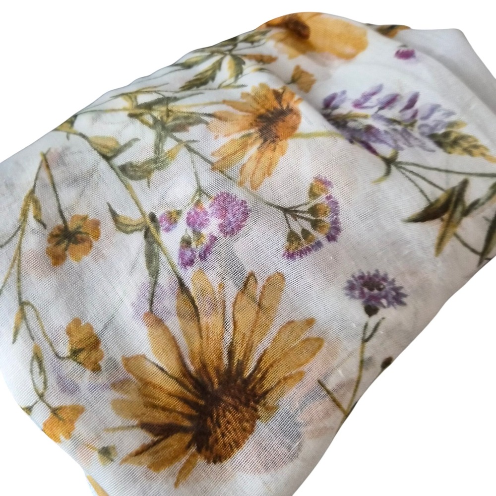 Floral Sunflower Wildflower Print Scarf Lightweight Frayed Edge White Yellow